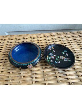 Vintage 1930s Chinese Cloisonne Enamel Small Bowl and Trinket Dish Black Floral